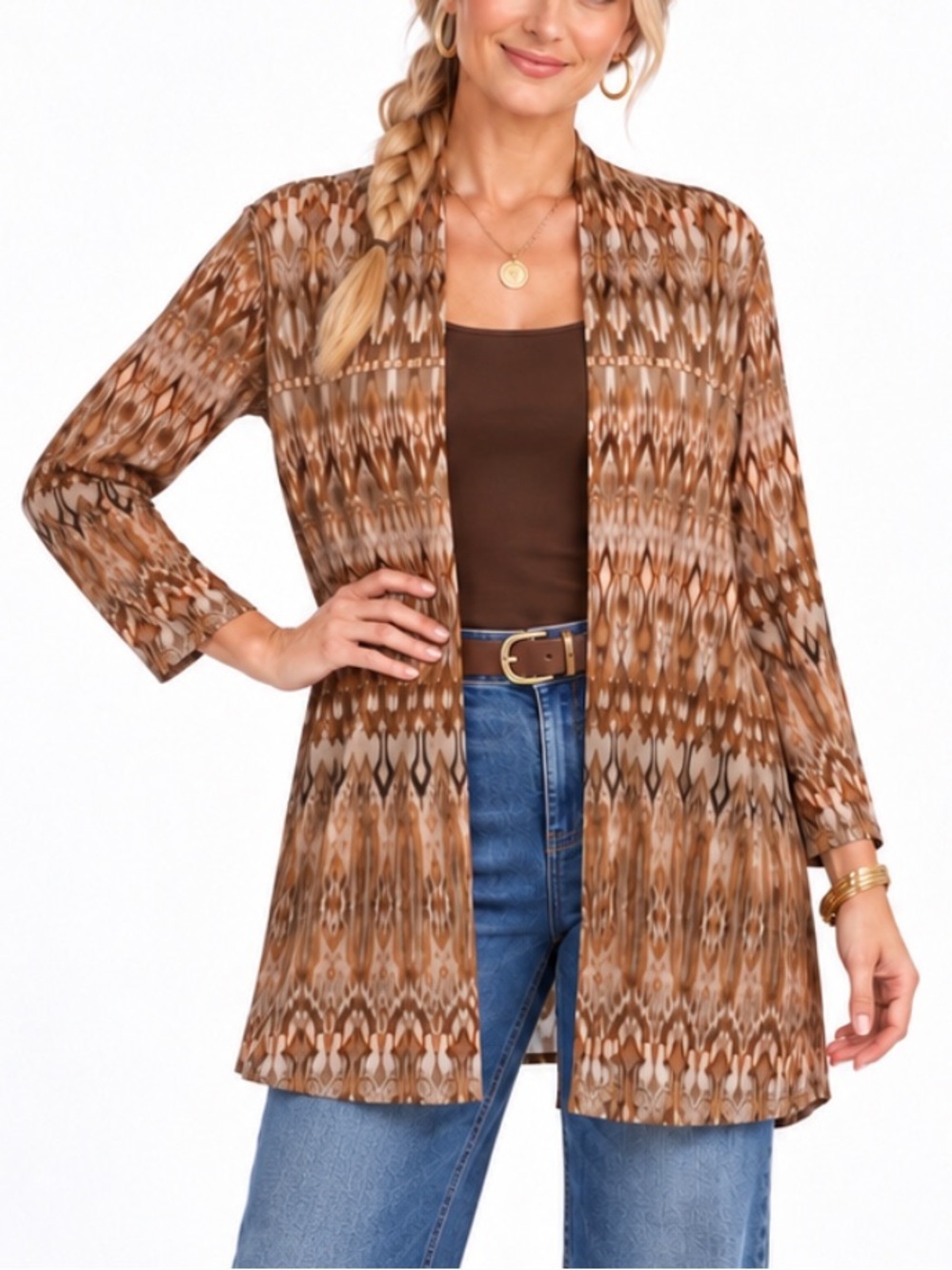 Susan Graver Brown Tan Abstract Print Lightweight Cardigan SZ LG EUC